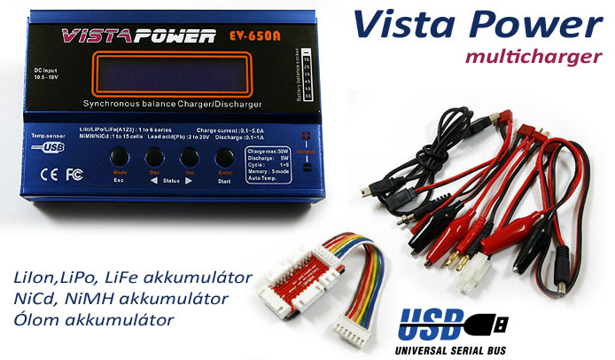 Vista Power EV650A akkutöltő - LiIon, LiPo, LiFe, NIMH, NiCd, PB